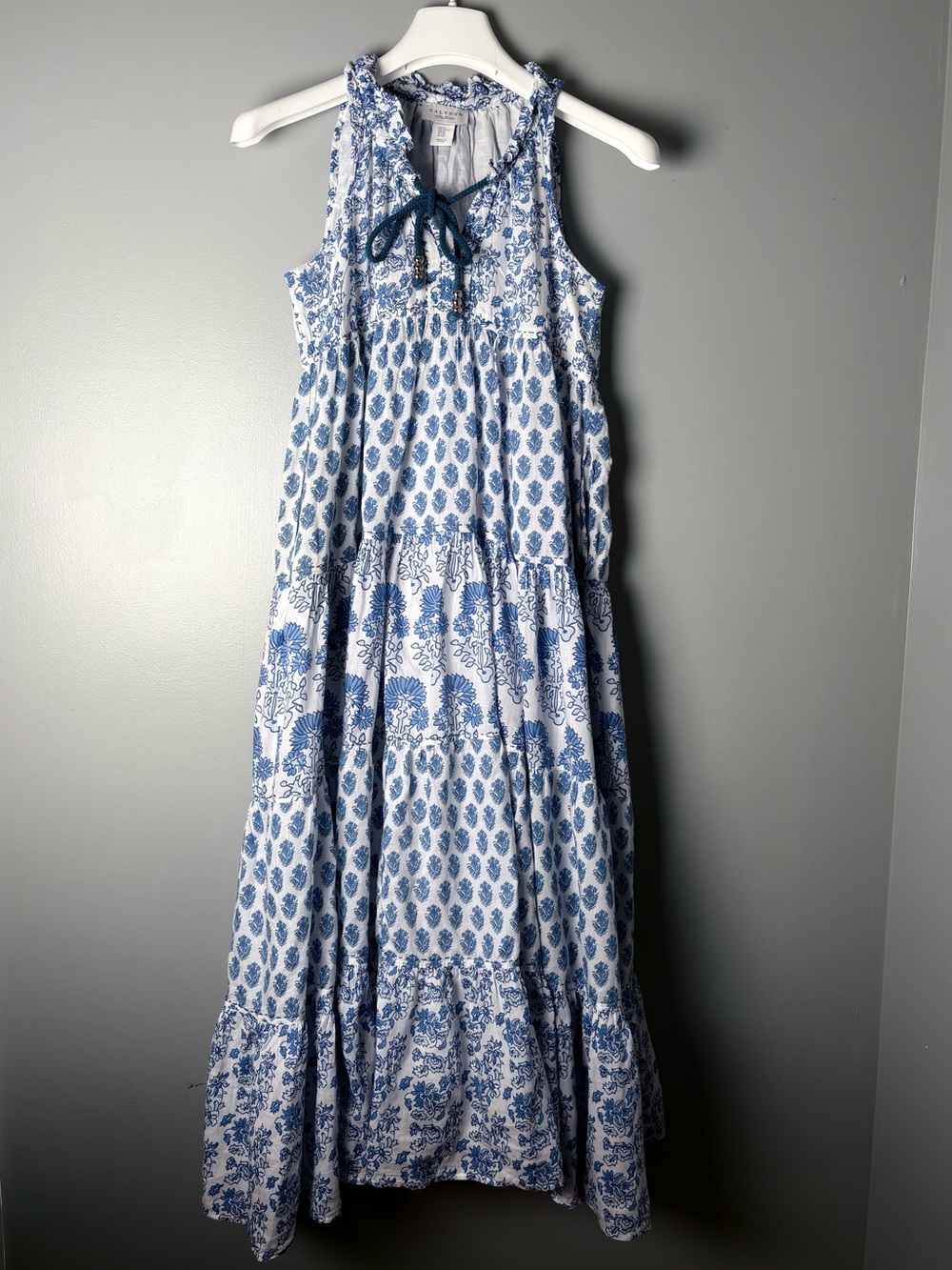 Calypso St Barth Blue White Floral Block Print Tiered Cotton Maxi Dress XS NWOT